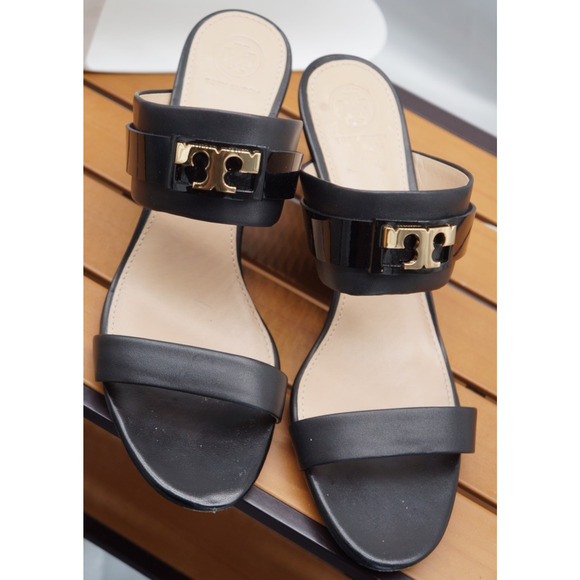 Tory Burch Women’s Black Leather Slide Wedges SZ 9 - Picture 1 of 16